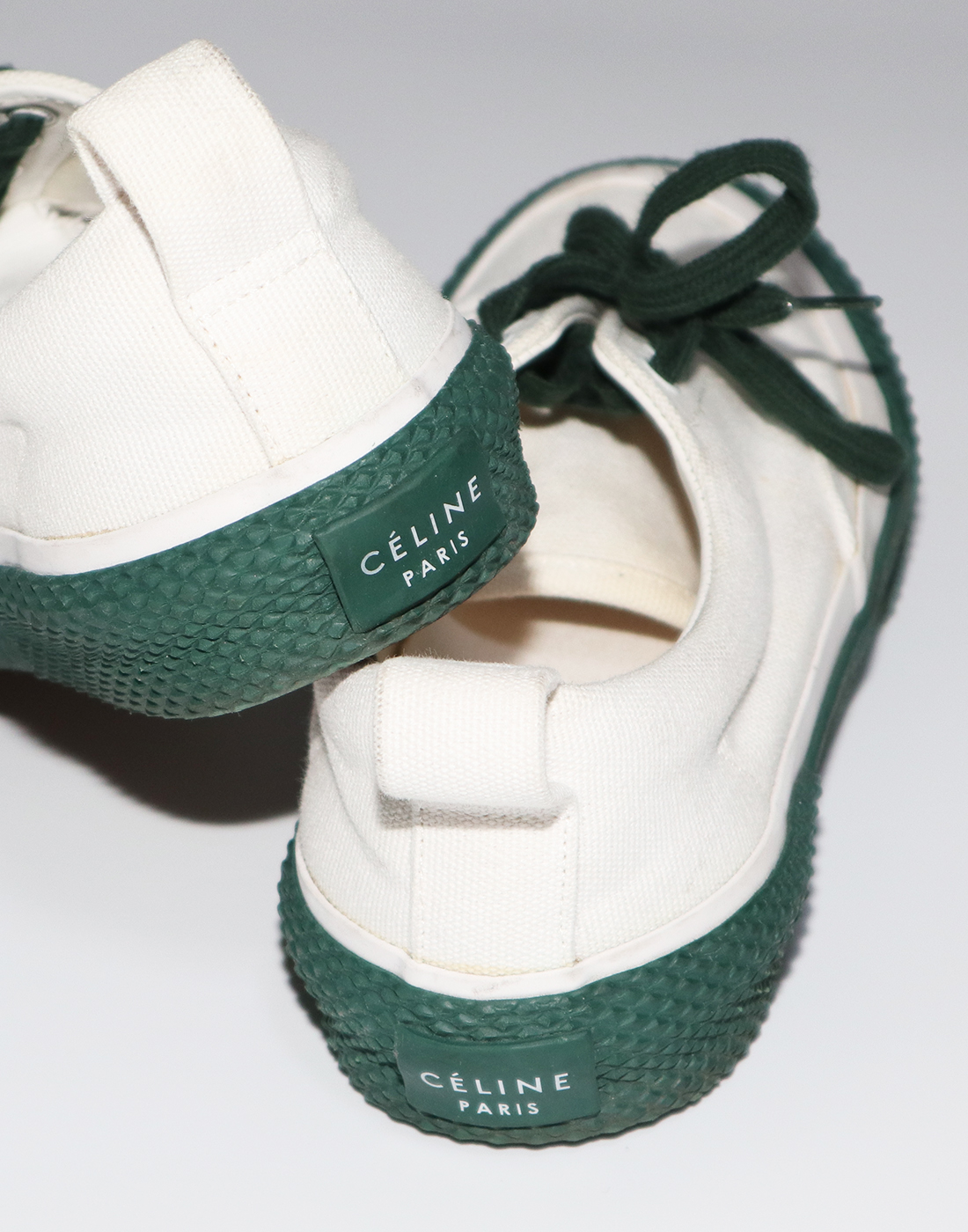 CELINE Old Celine Canvas Lace-Up Sneakers, White/Green